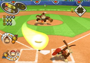 Donkey Kong unleashes his "Banana Ball" pitch in Mario Superstar Baseball